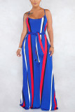 Blue Fashion Street White Blue Orange Yellow Light Blue Dark Blue Spaghetti Strap Sleeveless Slip Swagger Floor-Length Striped Print Dresses