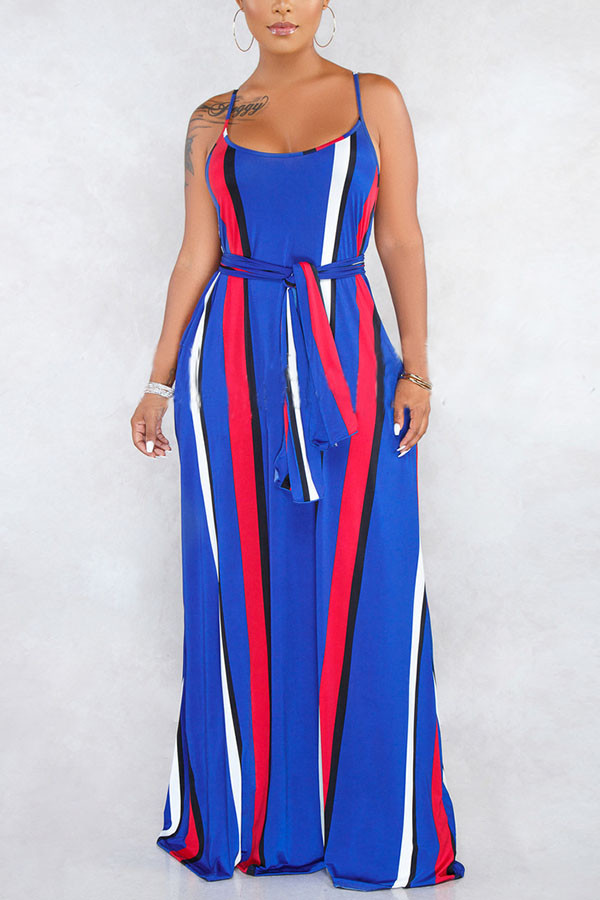 Blue Fashion Street White Blue Orange Yellow Light Blue Dark Blue Spaghetti Strap Sleeveless Slip Swagger Floor-Length Striped Print Dresses