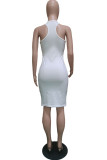 White Europe and America Street White Spaghetti Strap Sleeveless O neck Pencil Dress Knee-Length Print Dresses