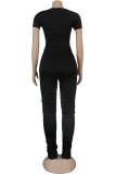 Blue Sexy Solid Patchwork Fold O Neck Short Sleeve Two Pieces
