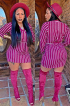 purple Fashion Long Sleeves O neck Hip skirt Mini Striped Long Sleeve Dresses