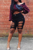 Black Sexy Solid Ripped High Waist Skinny Denim Shorts