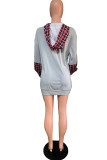 Grey Casual England Wrap sleeves Long Sleeves O neck Asymmetrical skirt Plaid Patchwork Solid Dresses