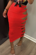 Red Sexy Solid Hollowed Out Skinny Mid Waist Pencil Solid Color Bottoms
