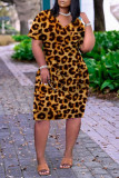 Red Fashion Casual Print Basic V Neck Short Sleeve Dress