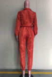 Deep pink Casual Two Piece Suits contrast color Solid Straight Long Sleeve Two-piece Pants Set