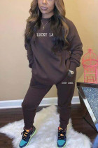 Coffee Sexy Letter Embroidered O Neck Long Sleeve Two Pieces