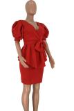 Black adult Fashion Sexy asymmetrical Solid Bandage Patchwork pencil Short Sleeve Two-Piece Dre