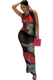 Red Chemical fiber blend Fashion Sexy adult Ma'am Red Tank Sleeveless O neck Step Skirt Ankle-Length Print Dresses