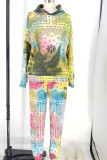 Blue Sportswear Spandex Blends Print Draw String Tie-dye Hooded Collar Long Sleeve Regular Sleeve Regular Two Pieces