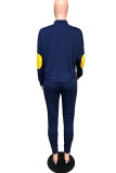 Navy Blue Casual England Striped Patchwork Print Long Sleeve Two Pieces