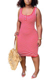 Yellow Fashion adult Lightly cooked Red Black Yellow Tank Sleeveless O neck Pencil Dress Knee-Length Striped Print Patchwork Dresses