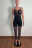 Black Sexy Patchwork Mesh Spaghetti Strap Skinny Jumpsuits