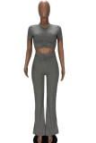 Black Fashion Sexy adult Ma'am Solid Two Piece Suits Loose Short Sleeve Two Pieces