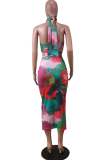 Red Sexy Print Hollowed Out Halter Sleeveless Two Pieces