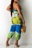 Blue Purple Sexy Casual Print Tie Dye Backless V Neck Sleeveless Two Pieces