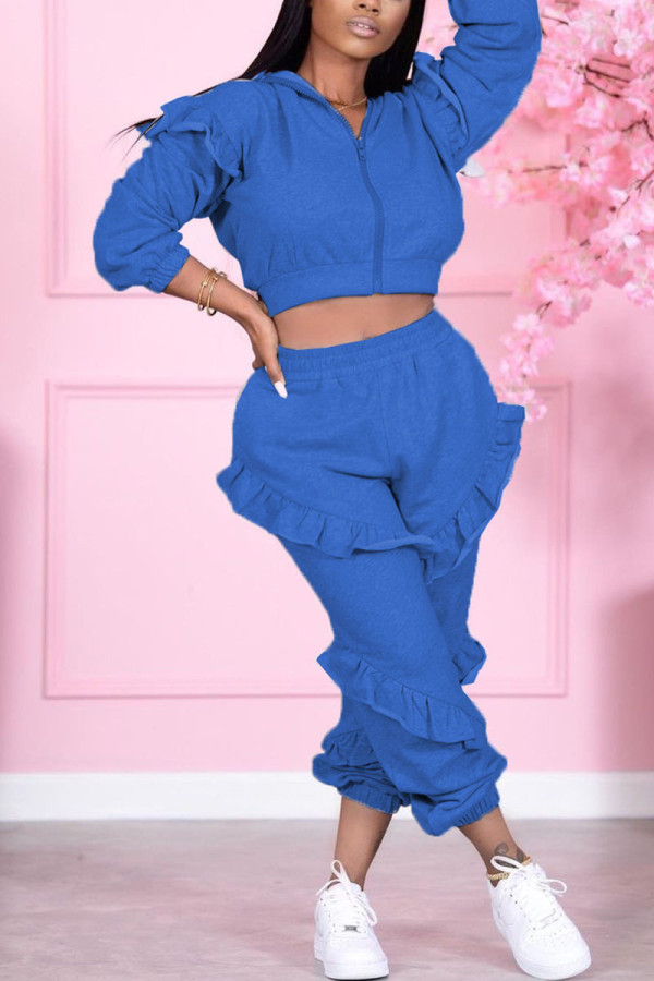 Blue Sexy Solid Patchwork Zipper Collar Long Sleeve Two Pieces