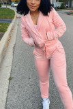 Pink Solid Patchwork Hooded Collar Long Sleeve Regular Sleeve Regular Two Pieces