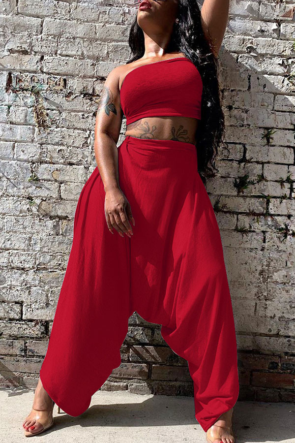 Red Fashion Sexy adult Ma'am Solid Two Piece Suits Harlan pants Sleeveless Two Pieces