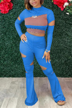 Blue Fashion Sexy Patchwork Ripped Hollowed Out O Neck Long Sleeve Two Pieces