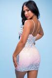 Pink Fashion adult Sexy Spaghetti Strap Sleeveless V Neck Step Skirt Mini Patchwork Sequin Clu