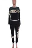 Black Fashion adult Active Camouflage Print Two Piece Suits Patchwork pencil Long Sleeve Two-pi