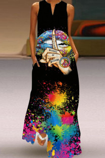 Black Casual Print Patchwork V Neck Printed Dress Dresses