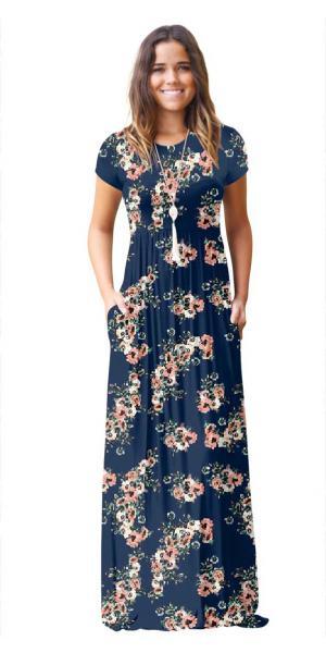 As Show-11 Brief Cute O-Neck Short Sleeve Loose Long Print Dresses