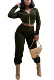 Green Fashion Street Adult Solid Patchwork Hooded Collar Long Sleeve Regular Sleeve Short Two Pieces