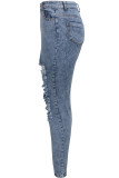 Grey Denim Zipper Fly Button Fly Mid washing Hole Zippered Pocket Skinny Pants Pants