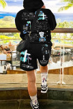 Colour Street Print Patchwork Hooded Collar Long Sleeve Two Pieces