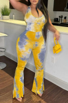 Yellow Sexy Casual Print Tie Dye Backless U Neck Regular Jumpsuits