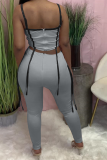 Grey Sexy Solid Patchwork Spaghetti Strap Sleeveless Two Pieces