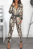 Snake Print Casual Animal Print Patchwork Zipper Collar Long Sleeve Two Pieces