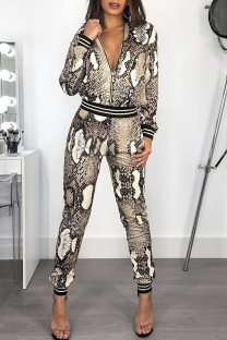 Snake Print Casual Animal Print Patchwork Zipper Collar Long Sleeve Two Pieces