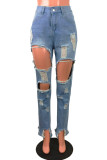 Baby Blue Street Solid Ripped Mid Waist Regular Denim