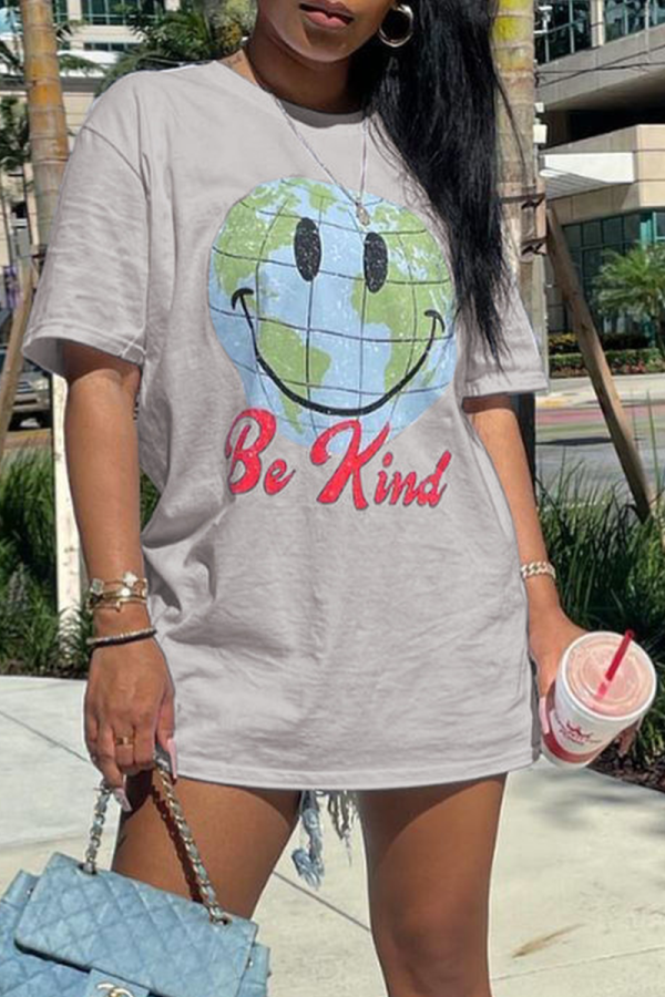 Grey Casual Print Patchwork O Neck T-Shirts