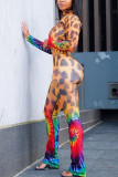 Gold venetian Fashion Active adult Ma'am Leopard Print Two Piece Suits Straight Long Sleeve Two Pieces