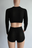 Black Sexy Solid Hollowed Out V Neck Long Sleeve Two Pieces