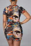 Multicolor Sexy Print Mesh O Neck Pencil Skirt Dresses