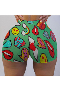 Green Milk Silk Elastic Fly Mid Print Skinny shorts Bottoms
