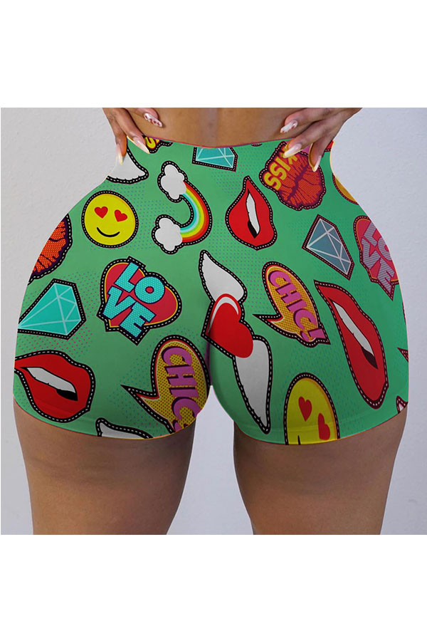 Green Milk Silk Elastic Fly Mid Print Skinny shorts Bottoms