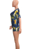 Blue Fashion Sexy adult Patchwork Print Tie Dye Two Piece Suits Straight Half Sleeve Two Pieces