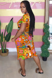 Grey Fashion adult Street White Black Grey Orange Yellow Black Green cartoon Multi-color Cap Sleeve Short Sleeves O neck A-Line Mid-Calf Print Patchwork Ombre bandage Colouring Dresses