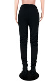 Black Drawstring Sleeveless Mid Patchwork Split Solid Hole Boot Cut Pants
