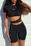 Black Fashion Casual Solid Hollowed Out O Neck Short Sleeve Two Pieces