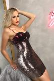 Silver adult Fashion Sexy Spaghetti Strap Sleeveless Slip Step Skirt skirt Sequin Solid Club Dre