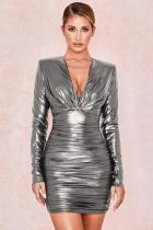 Silver adult Sexy Fashion Cap Sleeve Long Sleeves V Neck Step Skirt Mini Draped chain Fluorescent