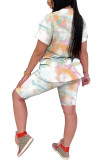 Red Fashion Casual adult Ma'am Patchwork Print Tie Dye Gradient Two Piece Suits pencil Short Sleeve Two Pieces