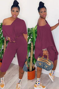 Wine Red Casual Solid pencil Half Sleeve Two Pieces